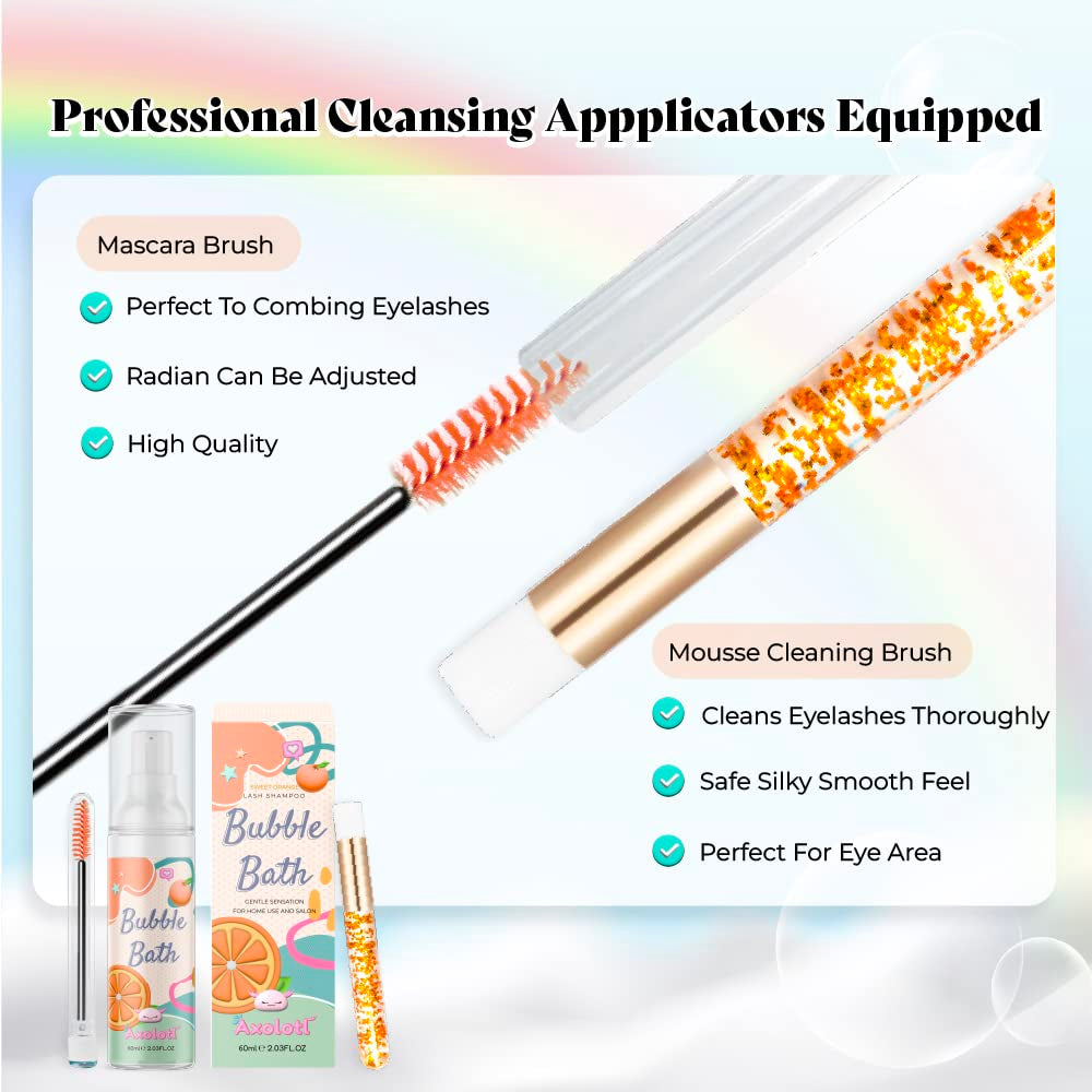 Eyelash Extension Shampoo 60Ml + Brush + Mascara Wand | Sensitive Formula Oil Free Cleanser| Paraben Free for Professional Use (Sweet Orange)